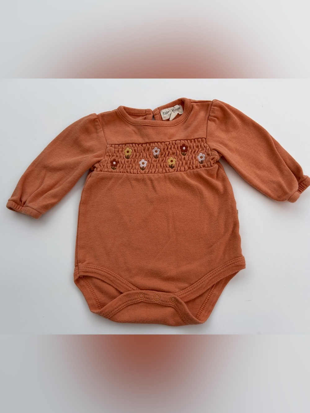 Rabbit + Bear Organics Baby Girl 3-6M Smocked Floral Rust Bodysuit